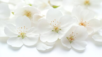 Obraz premium Blossoms in Bloom: A delicate display of pristine white cherry blossoms, soft petals gently arranged, evokes a sense of purity, tranquility, and the ephemeral beauty of spring.