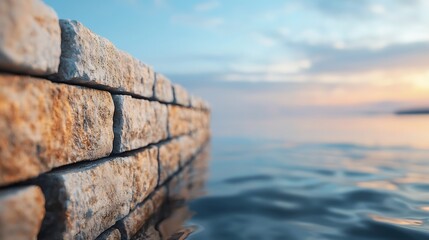 A serene stone wall emerges from calm waters, reflecting soft hues of sunset, creating a tranquil coastal scene.