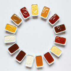 top view of various sauces arranged in circle shape on white background with copy space