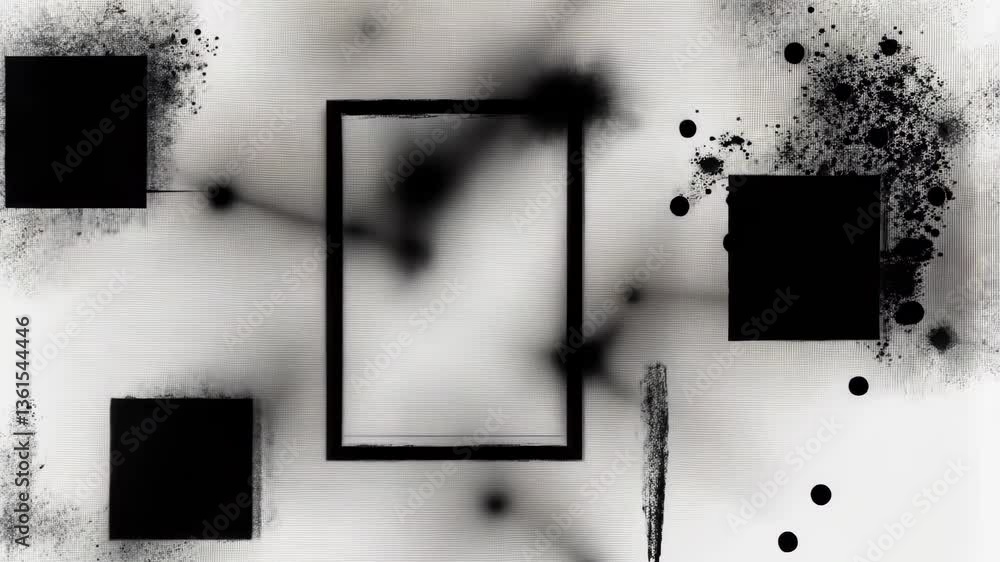 Poster dynamic black rectangles and splatters on white abstract geometric background
