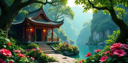 Obraz premium Serene Pavilion by a Tranquil River Nestled Amidst Lush Greenery and Rocky Cliffs