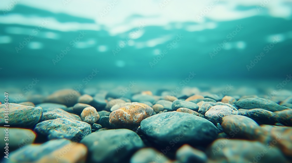 Poster underwater view of smooth pebbles resting on the ocean floor, illuminated by soft light filtering th