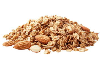 A Tempting Mound Of Crunchy Granola And Roasted Almonds, Perfect For A Wholesome Breakfast, Showcasing Its Golden Brown Hues And Nutty Texture Against A Bright White Backdrop Isolated on Transparent B