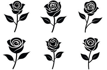 Rose Flowers Set, Monochrome Silhouette. Roses with Stem and Leaves Isolated on White