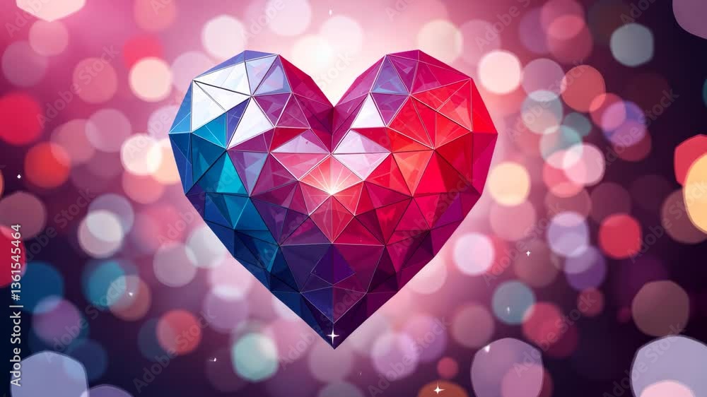 Aufkleber geometric heart polygon with red and blue triangles on bokeh lights background