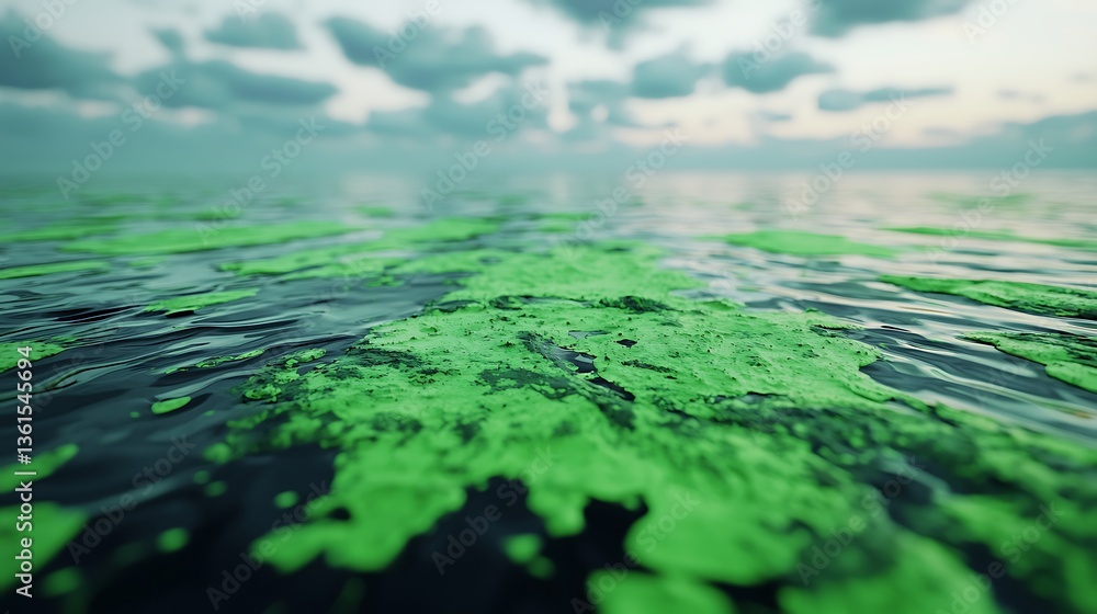 Poster a serene view of water with green algae floating, reflecting the sky and clouds, creating a tranquil
