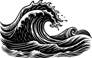 Dramatic ocean wave with swirling foam, showcasing the power and beauty of the sea sketch engraving vector