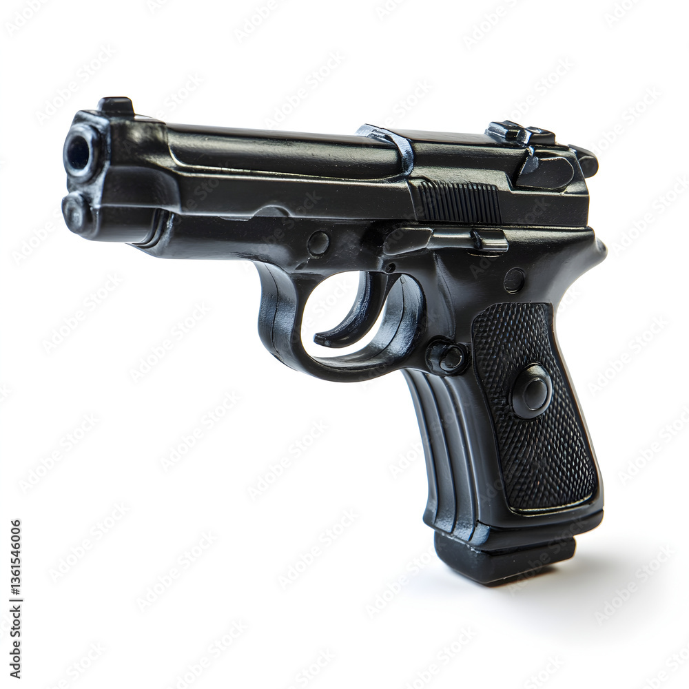 Poster action toy handgun studio setting closeup image realistic details macro view realism