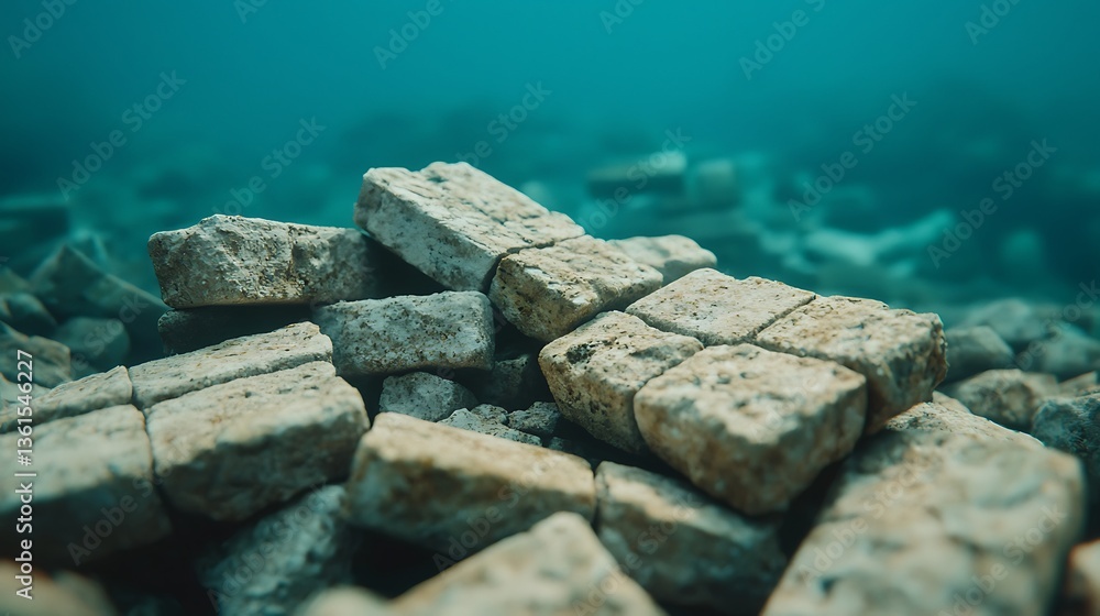 Poster submerged stones create an intriguing underwater scene, showcasing textures and layers in a tranquil