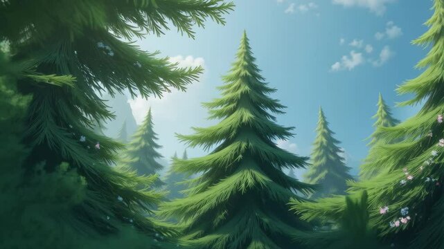 Serene Evergreen Forest Landscape Majestic Pine Trees under a Sunny Sky