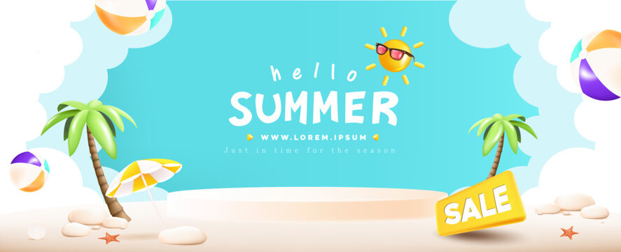 Summer web banner poster with podium and summer beach scene design background