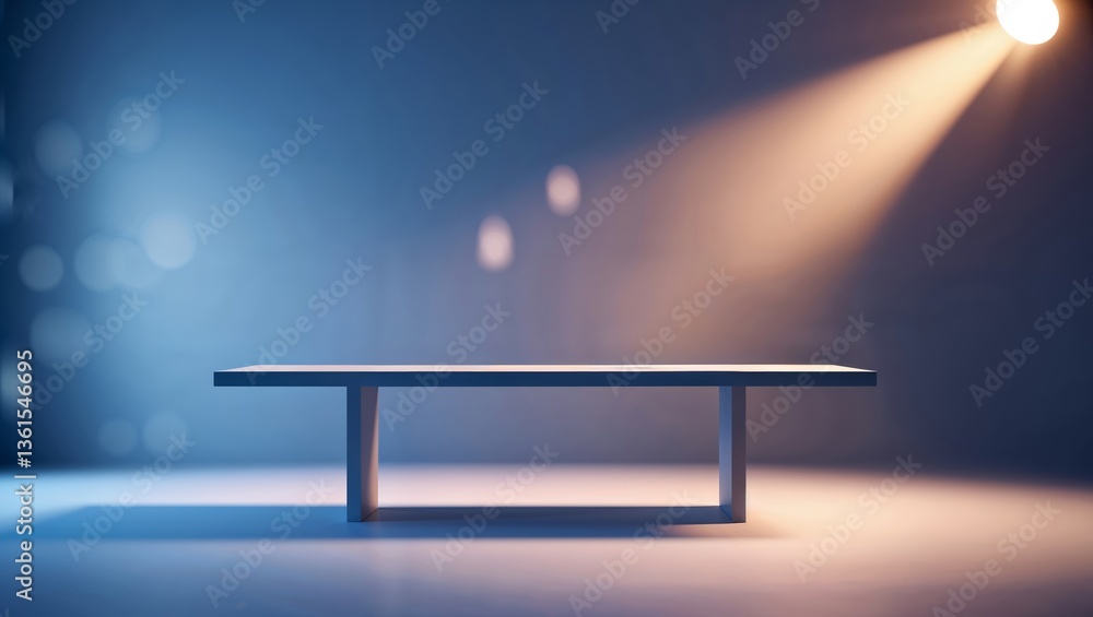 Poster minimalist table in a spotlight with soft blue background, creating an elegant and modern atmosphere