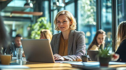 Fototapeta premium Woman with blonde hair working on laptop at a table in a bright office space with colleagues nearby