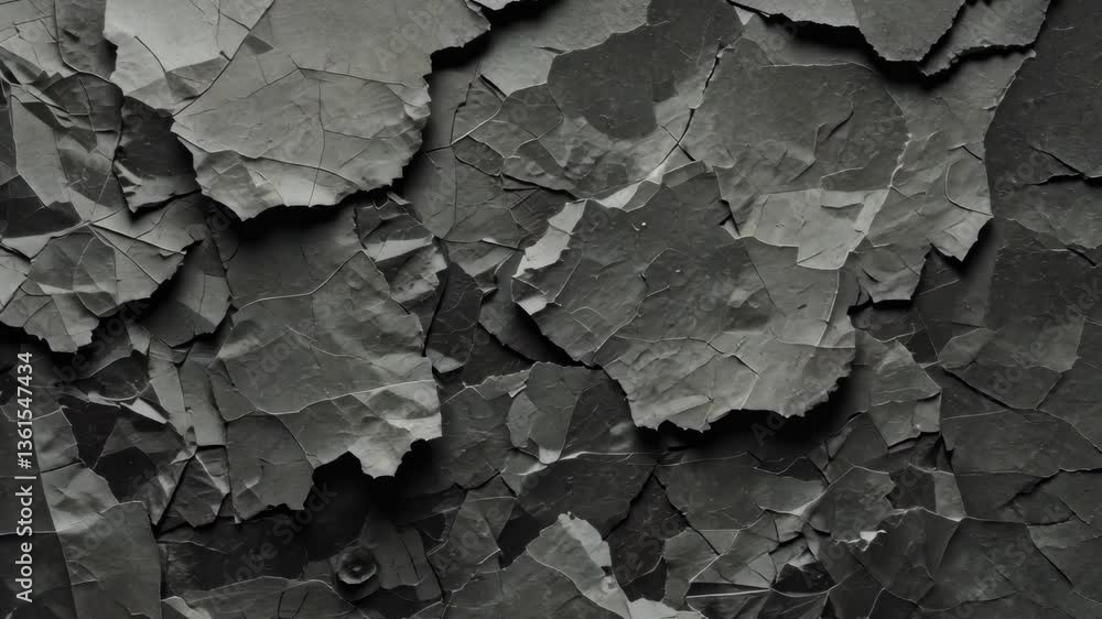 Poster monochrome abstract texture with overlapping torn paper fragments forming a dark background