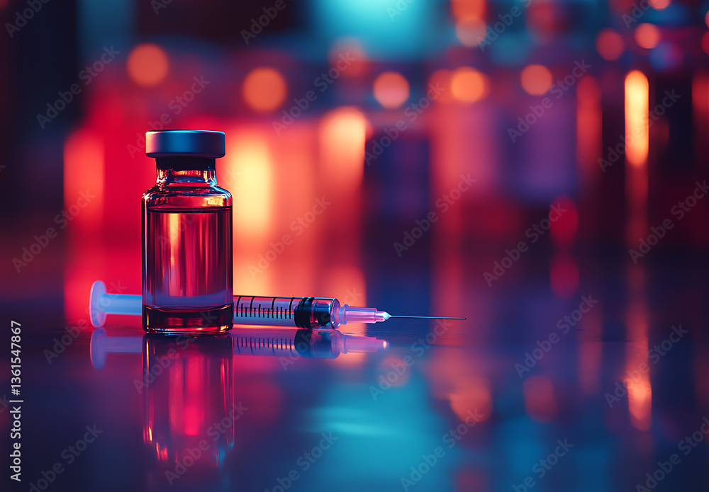 Poster close up shot of a vial with liquid and a syringe on a reflective surface with a colorful background