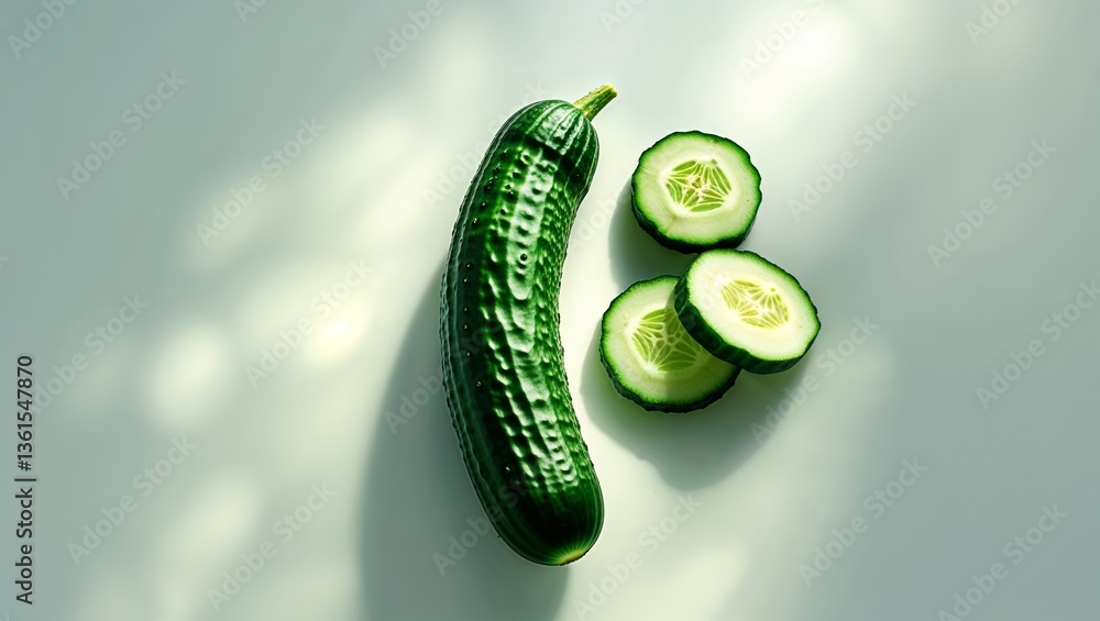 Poster fresh cucumber cut into slices placed on a light surface with soft shadows and natural light