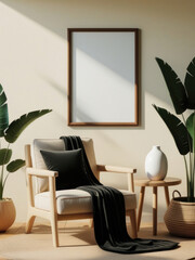 Empty frame mockup in farmhouse living room interior background, poster frame mockup design, mockup frame