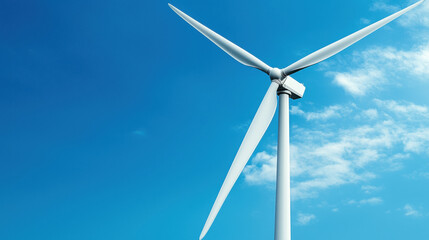ESG Environmental Social Governance Wind turbine spinning against bright blue sky with scattered clouds