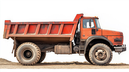 Obraz premium Side view of old orange heavy duty dump truck isolated on white background.