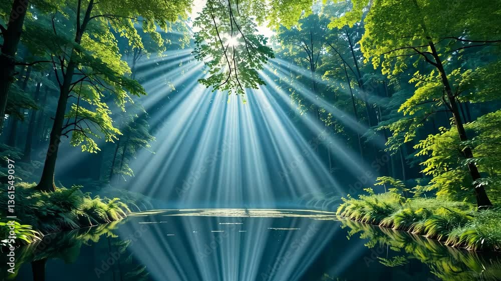 Poster sunlight piercing through forest canopy above a reflecting lake creating a serene atmosphere
