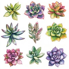 atercolor Illustration of Various Succulent Plants By Generated AI