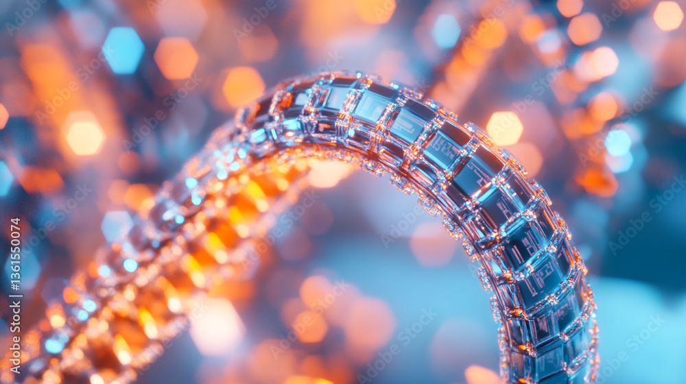 Poster a close up of a segmented metallic tube with blue and orange bokeh lights in the background blur