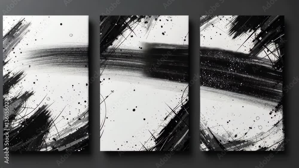 Poster triptych of white canvases showcasing abstract black ink strokes and splatters with dynamic textures