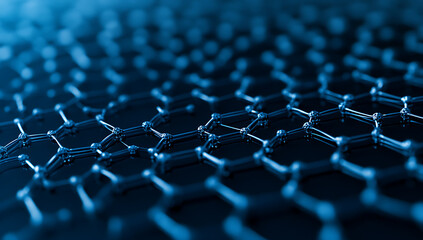 A close up view of a blue graphene structure with hexagonal pattern and connecting atoms in detail