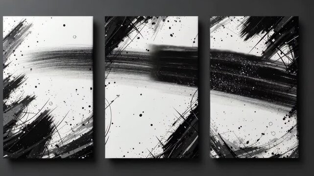 Triptych Of White Canvases Showcasing Abstract Black Ink Strokes And Splatters With Dynamic Textures On Dark Gray Backdrop