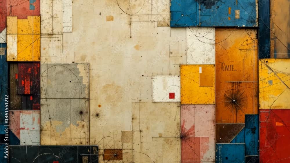 Poster weathered geometric collage with bold color blocks abstract texture background