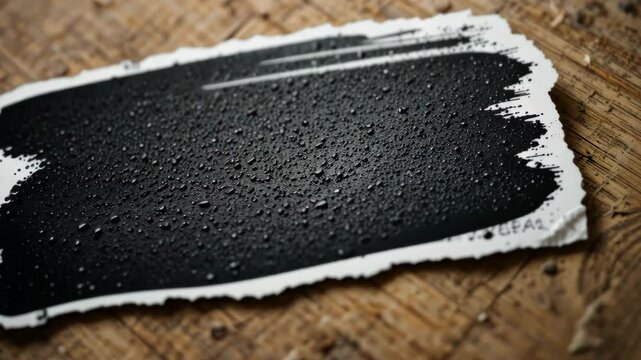 Wet Black Rectangle on White Paper with Water Droplets over Detailed Wood Texture
