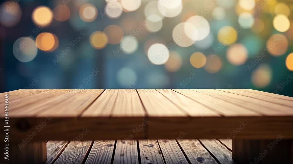 Poster wooden table perspective with blurred bokeh lights in a warm color background