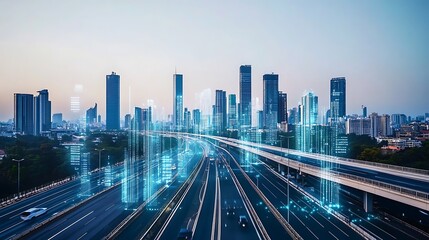 Fototapeta premium A futuristic cityscape with holographic digital displays and smart roads, showcasing the integration of technology in urban life