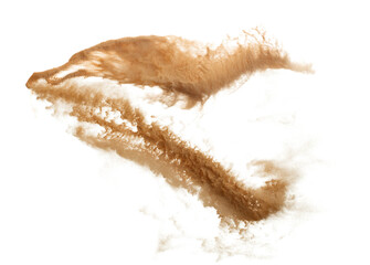 Abstract cloud fly. Yellow colored sand splash throwing curve circle in Air. Golden grain wave explode. Fine Sand flying explosion, White background Isolated throwing particle element object