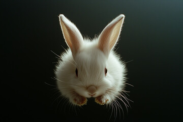 Obraz premium Cute white bunny with fluffy fur and large ears leaping against a dark background, showcasing its playful nature and curiosity in an enchanting moment