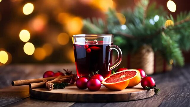 Christmas mulled red wine with spices and fruits on a wooden rustic table. Traditional hot drink at Christmas time