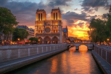 Fire engulfs Notre Dame de Paris with dramatic sunset backdrop and smoke plumes rising, A fire in Notre-Dame de Paris, France, and the entire building seriously damaged