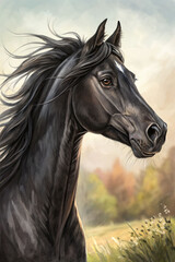 Portrait of a black raven stallion against the backdrop of nature in summer. Oil painting
