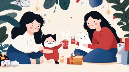 Festive celebration of St. Nicholas Day with family enjoying cocoa and surprises in a cozy, heartwarming home setting