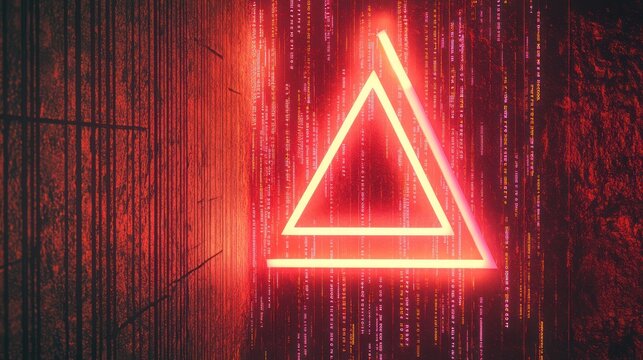 Neon triangle sign in dark room with code background. Potential stock photo use