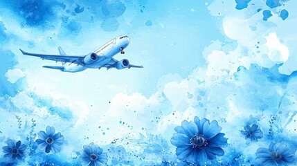 Fototapeta premium Serene Flight: Watercolor Airplane above Blue Flower Field