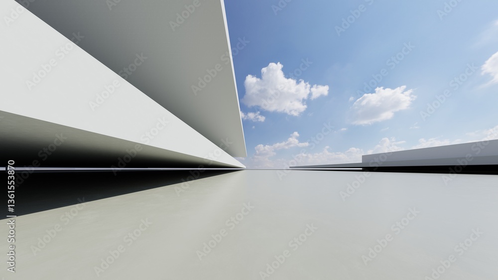 Poster 3d render of abstract modern concrete architecture with empty cement floor, minimal exterior, car pr