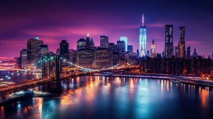 Fototapeta premium Night cityscape, Brooklyn Bridge, Manhattan skyline, twilight, urban
