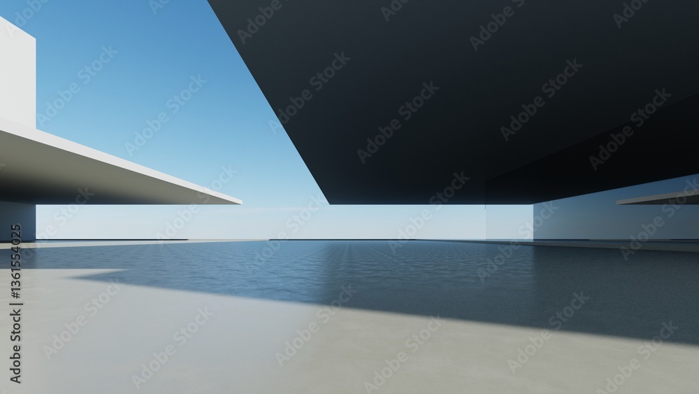 Poster 3d render of abstract modern concrete architecture with empty cement floor, minimal exterior, car pr