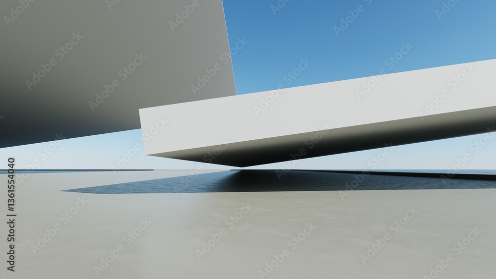 Poster 3d render of abstract modern concrete architecture with empty cement floor, minimal exterior, car pr