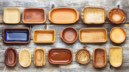 Assorted rustic ceramic baking dishes and bowls on wooden background.