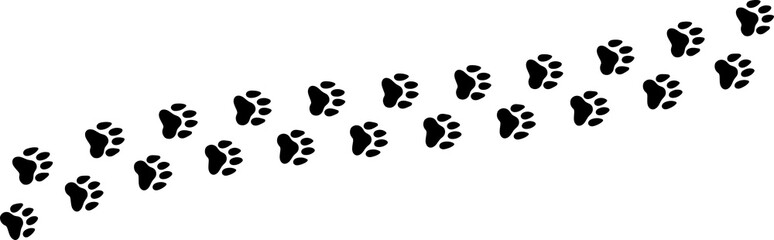 Paw vector foot trail print . Dog, cat, bear, wolf, chicken, cow, crocodile, donkey, duck, elephant and other silhouette animal. Paw print trail on transparent background. © Volodymyr2