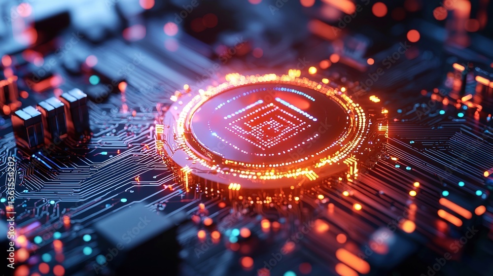 Poster illuminating technology: a close-up captures a futuristic circuit board, pulsating with vibrant ener