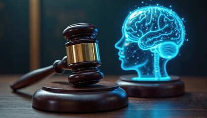 Gavel beside AI brain hologram, legal challenges ethical considerations in controlling artificial intelligence tech. Court judge decision, law, justice, concept. Wooden desk, brown background.