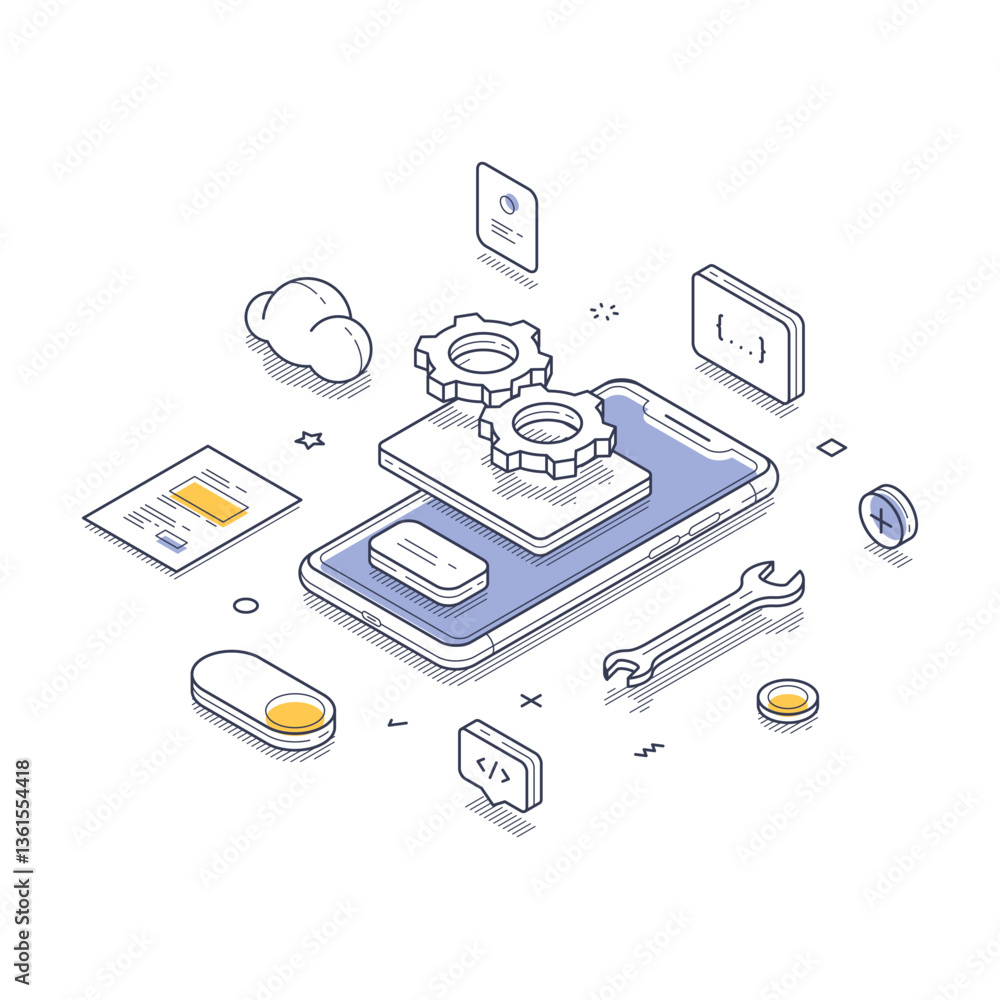 Poster isometric line art concept of app development. central elements include a smartphone surrounded by i